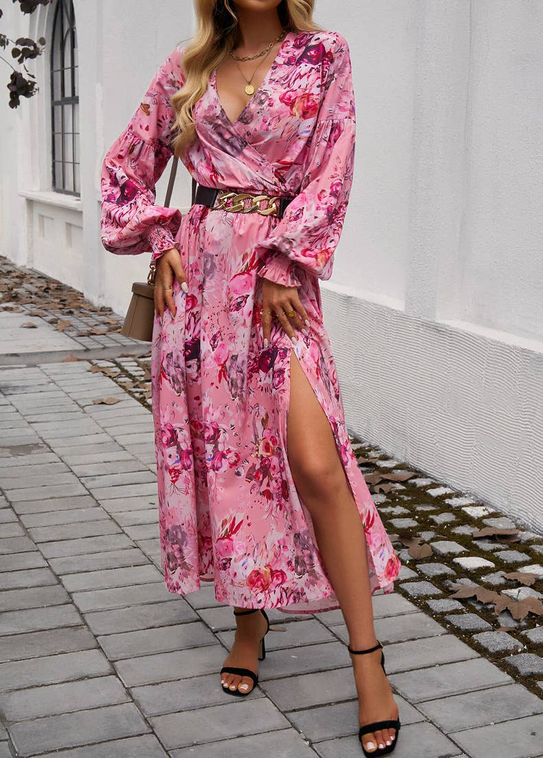 ELEGANT V-NECK HIGH-WAISTED PRINTED DRESS