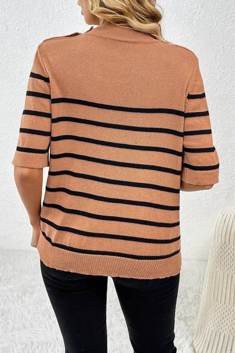 CWTTS1309_STRIPED FASHION ROUND NECK SHORT SLEEVE SWEATER