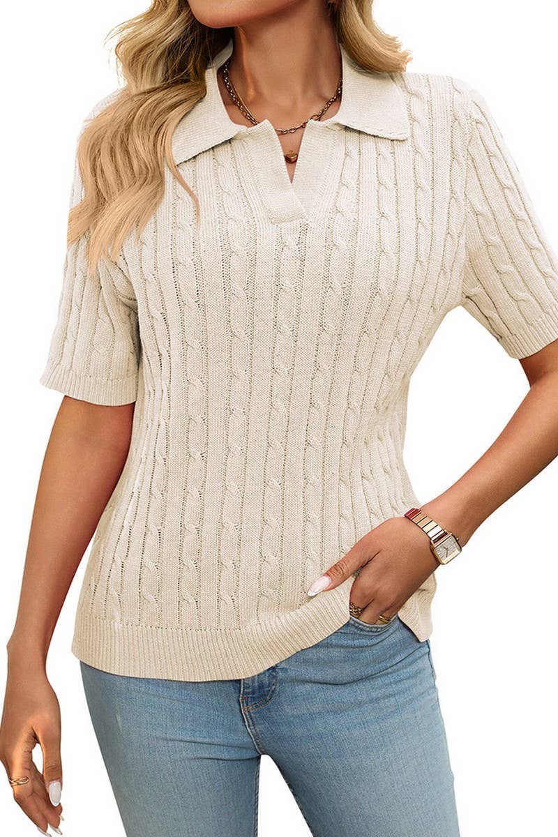 CWOSWS0127_V-NECK LAPEL CABLE-KNIT SHORT-SLEEVED PULLOVER