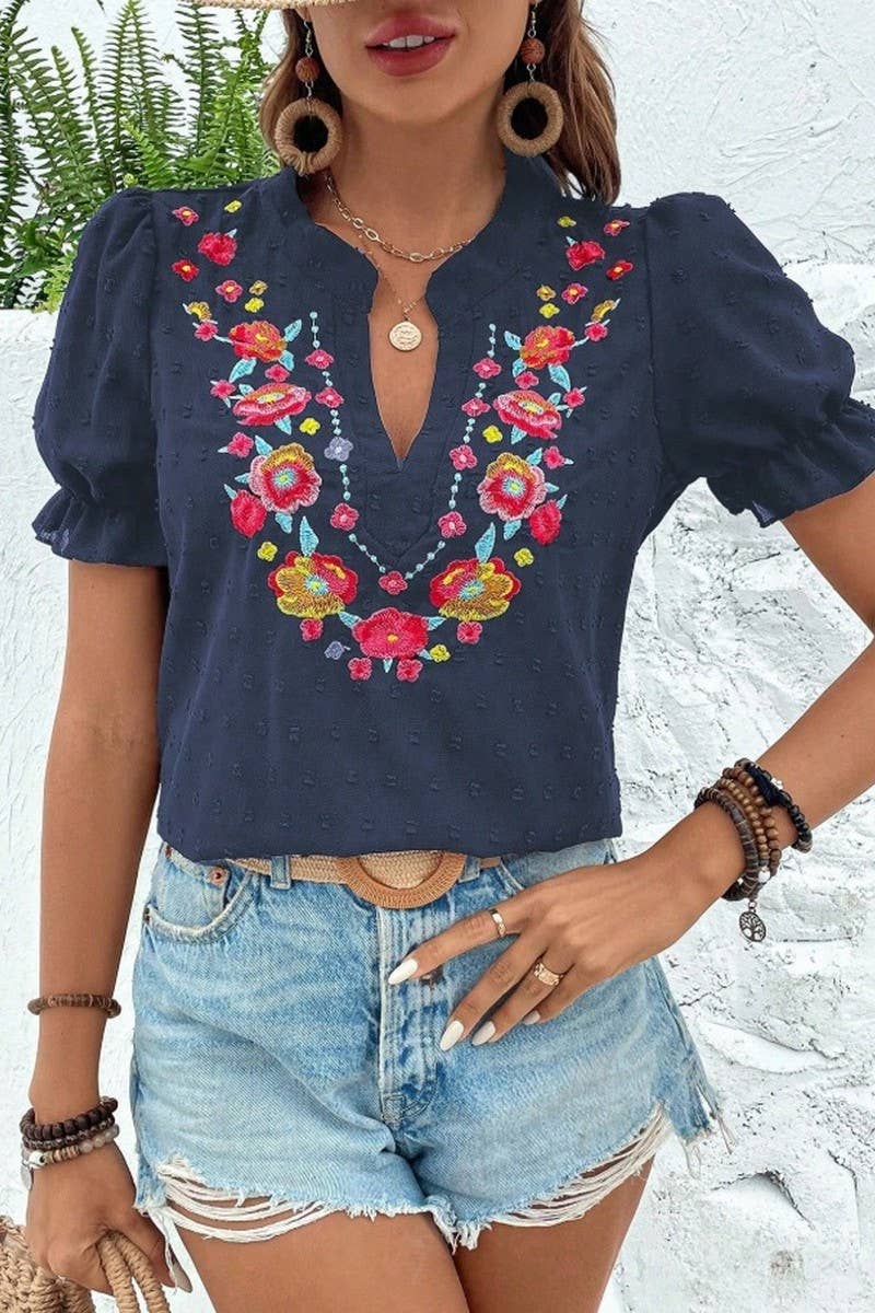 CWTBLS2270_V-NECK FLORAL EMBROIDERED PUFF SLEEVE CHIFFON TOP