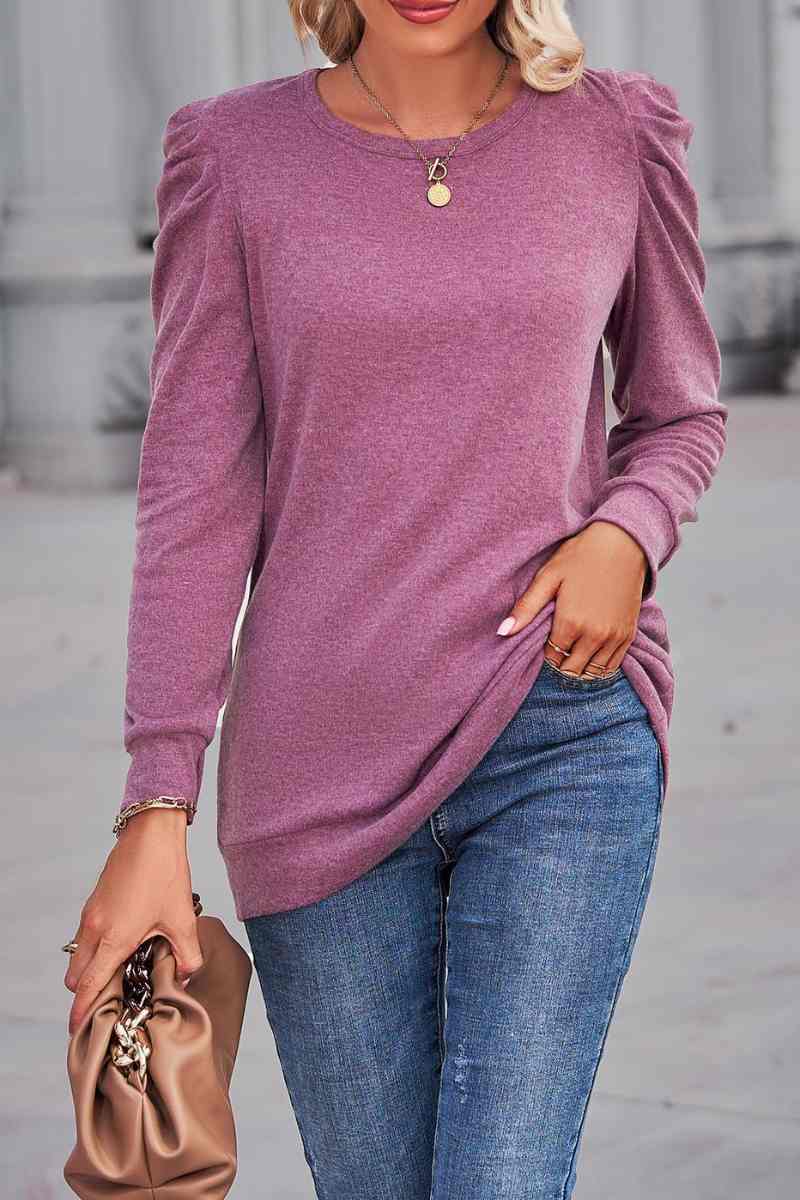 CWTBLL2844_LOOSE CREW-NECK PLEATED LONG-SLEEVED TOP