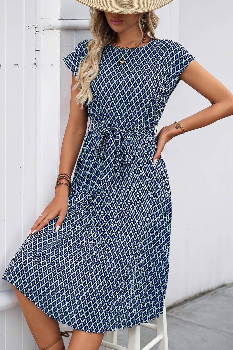 CWDMD4212_TIE-UP FLYING SLEEVES PRINTED CREW NECK DRESS