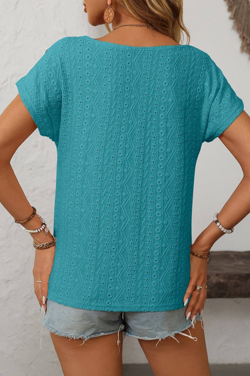 CWTBLS1709_ROUND NECK BUTTON SHORT SLEEVE CUTOUT TOP