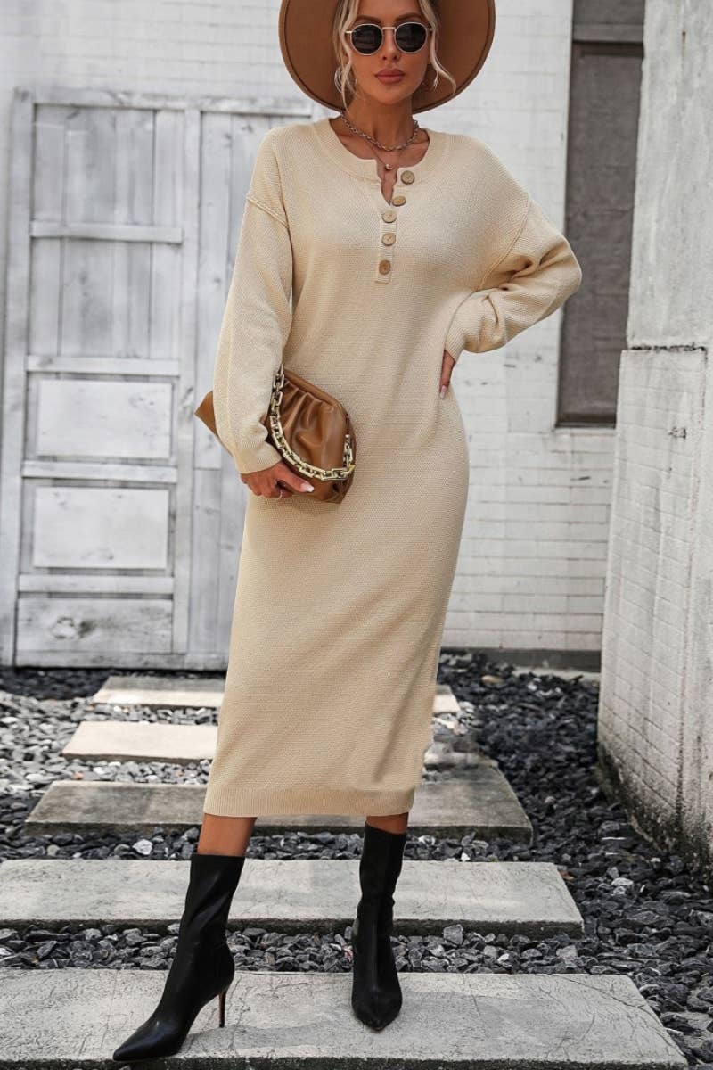 CWDMD538  Long Sleeve Loose V-Neck Button Tops Long Sweater