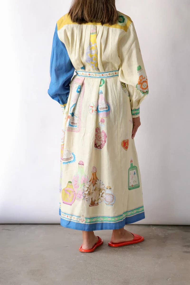 CWDMD5746_COLORBLOCK COTTON AND LINEN PRINT LACE-UP DRESS