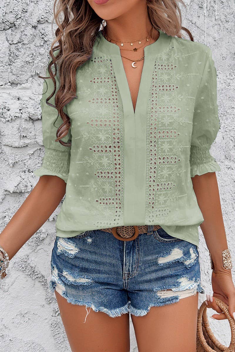 CWTTS00704_V-NECK CASUAL PULLOVER PUFF SLEEVE LOOSE T-SHIRT