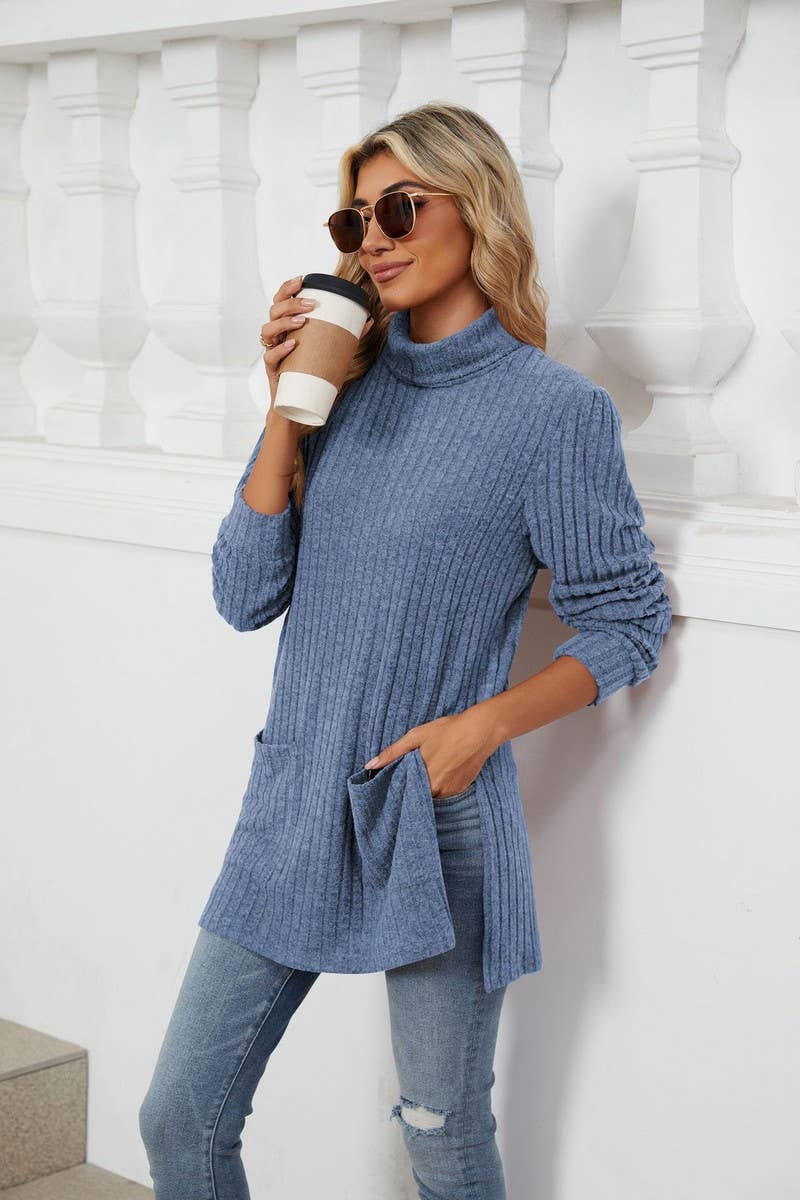 CWTBLL2363_SOLID COLOR HALF TURTLENECK SLIT POCKET TOP