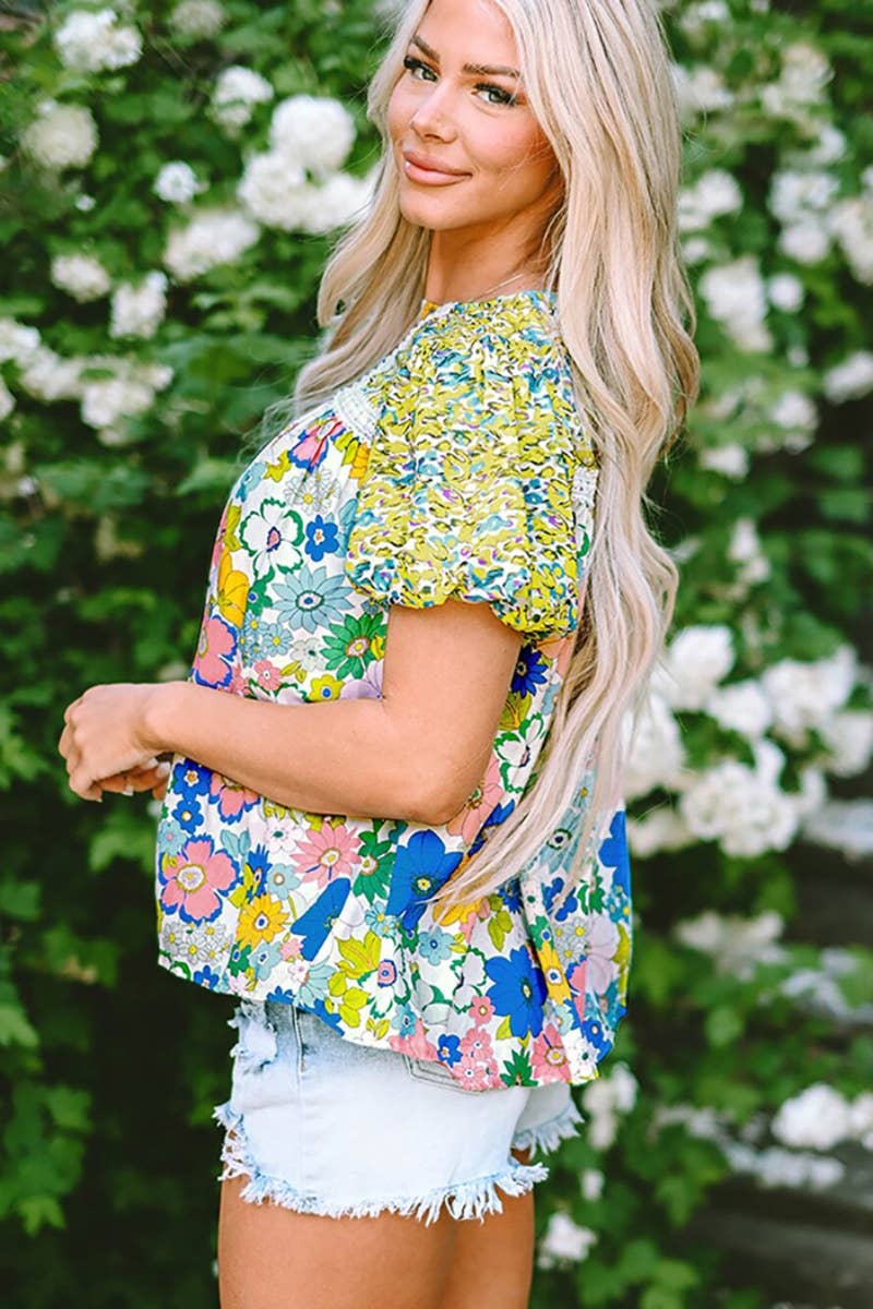 CWTBLS1259_SHORT-SLEEVED FLORAL PRINT CREW-NECK TOP