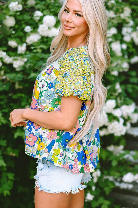 CWTBLS1259_SHORT-SLEEVED FLORAL PRINT CREW-NECK TOP