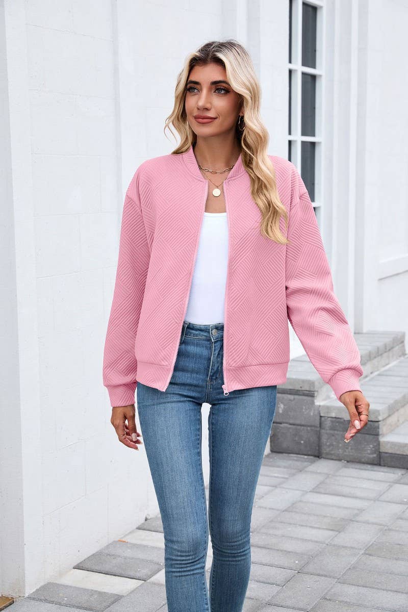 CWOCO00238_SOLID ZIP UP LONG SLEEVE CASUAL BOMBER JACKET