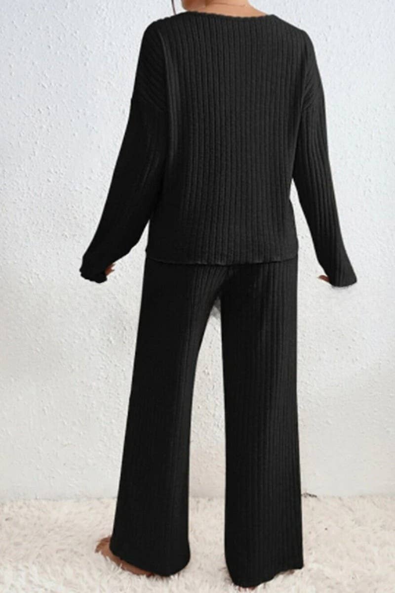 CWSTB1320_V-NECK CASUAL RIBBED BRUSHED LONG-SLEEVED SUIT