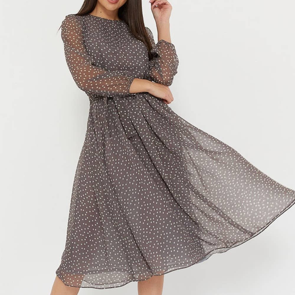 COFFEE COLOR POLKA DOT LACE PRINT CHIFFON DRESS