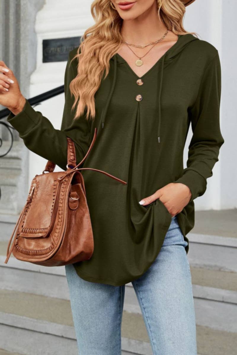 CWTBLL2682_SOLID COLOR DRAWSTRING LONG-SLEEVED HOODED TOP