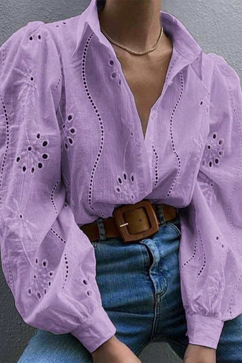 CWTSTL01000_CASUAL LOOSE HOLLOW OUT PUFF SLEEVE  TOP