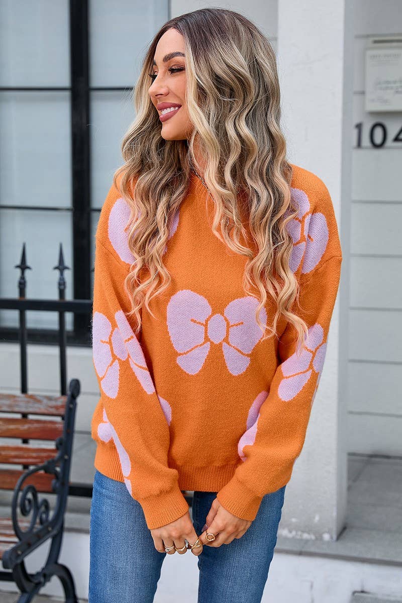 CWOSWL3068_BOW PRINT CREW NECK KNITTED SWEATER