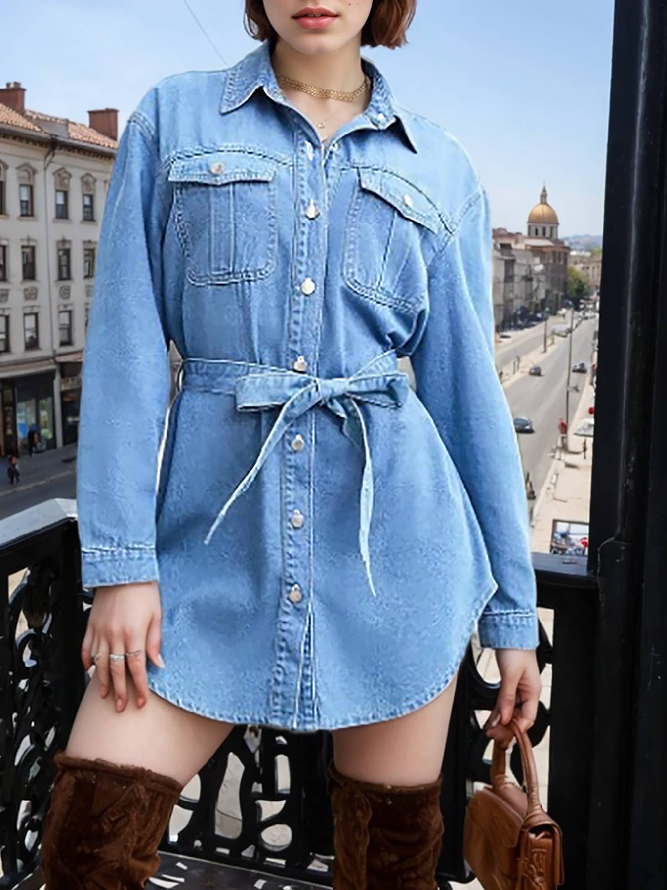 Denim lapel non-elastic lace-up mid-length dress