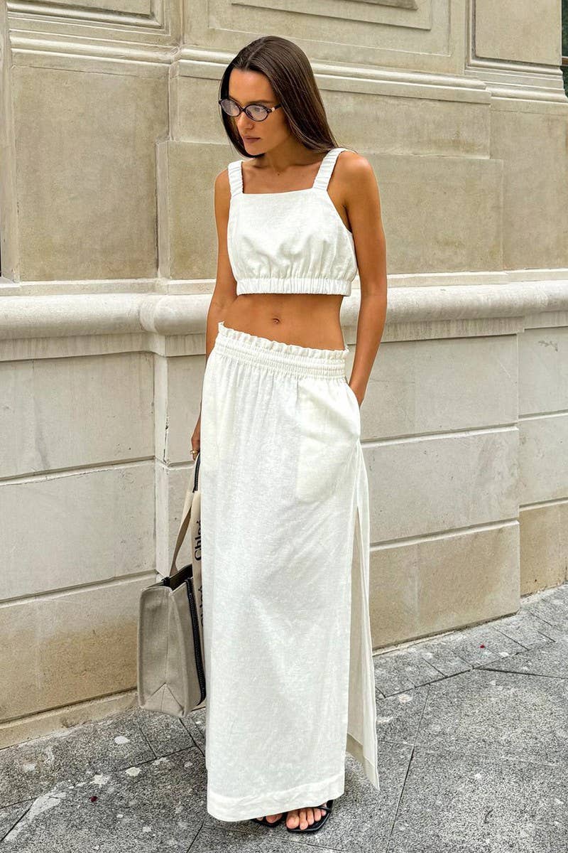 CWSS1169_COTTON-LINEN CAMI TOP & SPLIT MIDI SKIRT SET