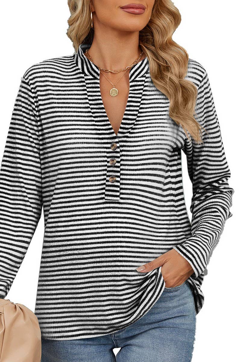 CWTBLL2356_V-NECK BUTTON-DOWN STRIPED CASUAL T-SHIRT TOP