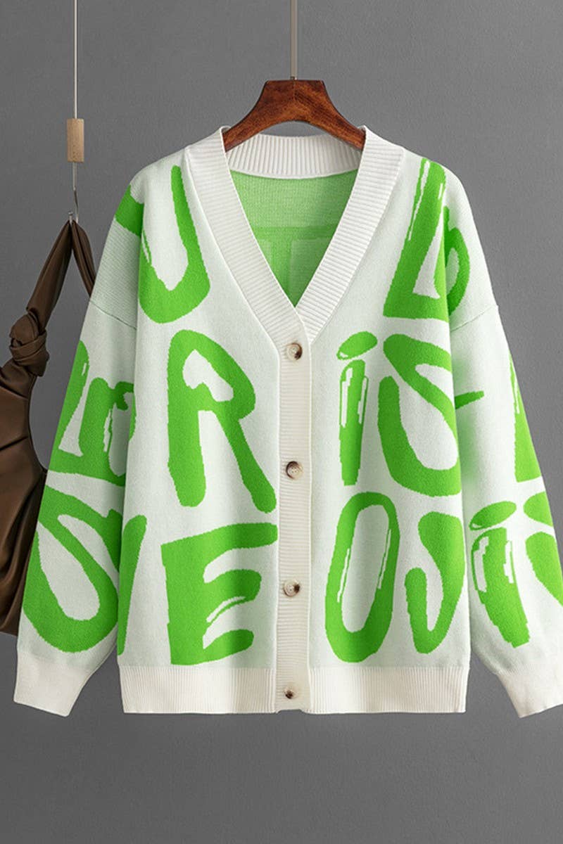 CWOCAL00668_LETTER JACQUARD SINGLE BUTTON KNIT CARDIGAN