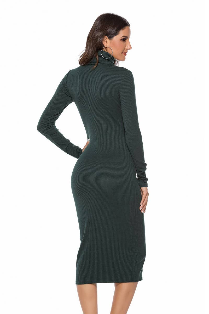 CWDMD3953_SOLID COLOR HIGH COLLAR KNITTED BOTTOMING DRESS