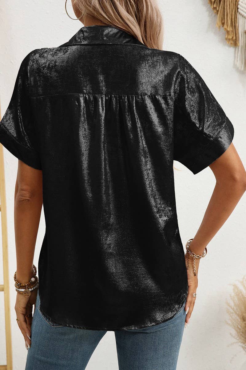 CWTBLS2257_METALLIC COLLARED SHORT SLEEVE RELAXED SHIRT