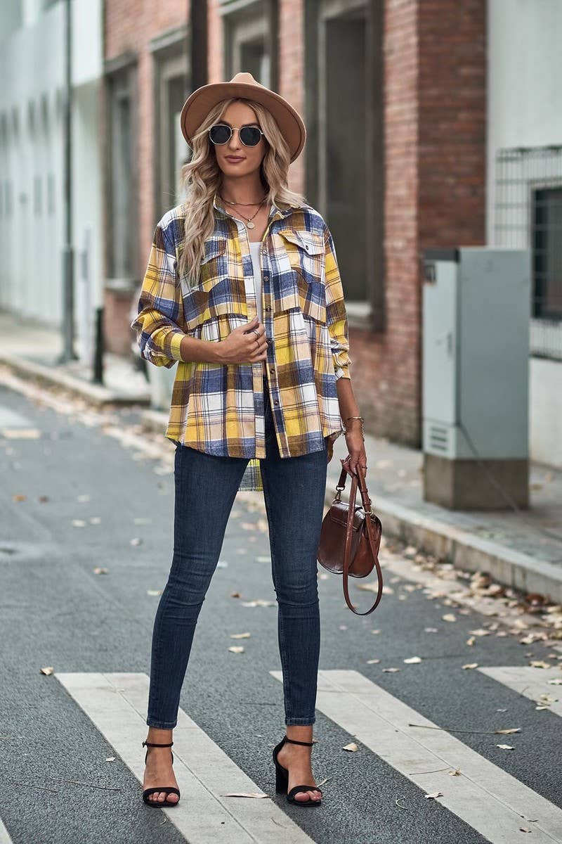 CWTSTL2484_LAPEL LONG SLEEVE POCKET CASUAL PLAID SHIRT