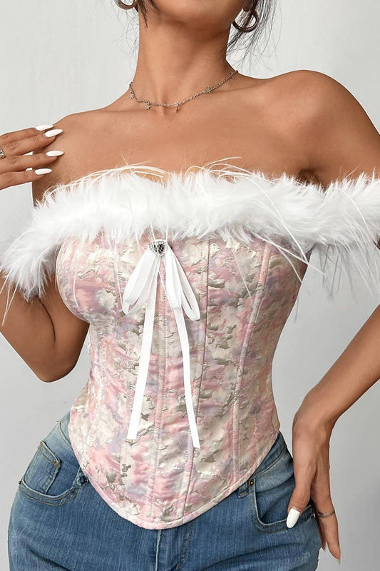 CWTTT0054_OFF-SHOULDER FUR PATCHWORK HERRINGBONE TOP