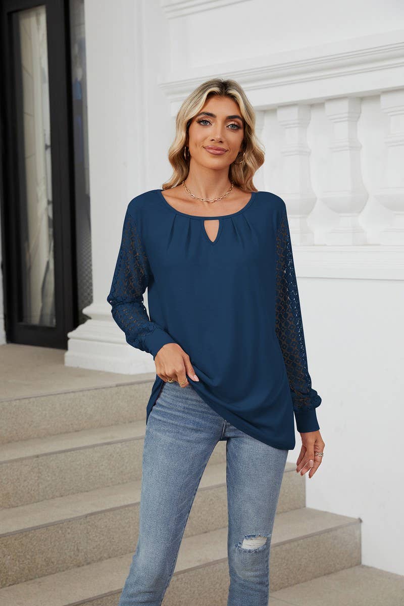 CWTBLL1847_ROUND NECK HOLLOW LACE LONG SLEEVE CASUAL TOP