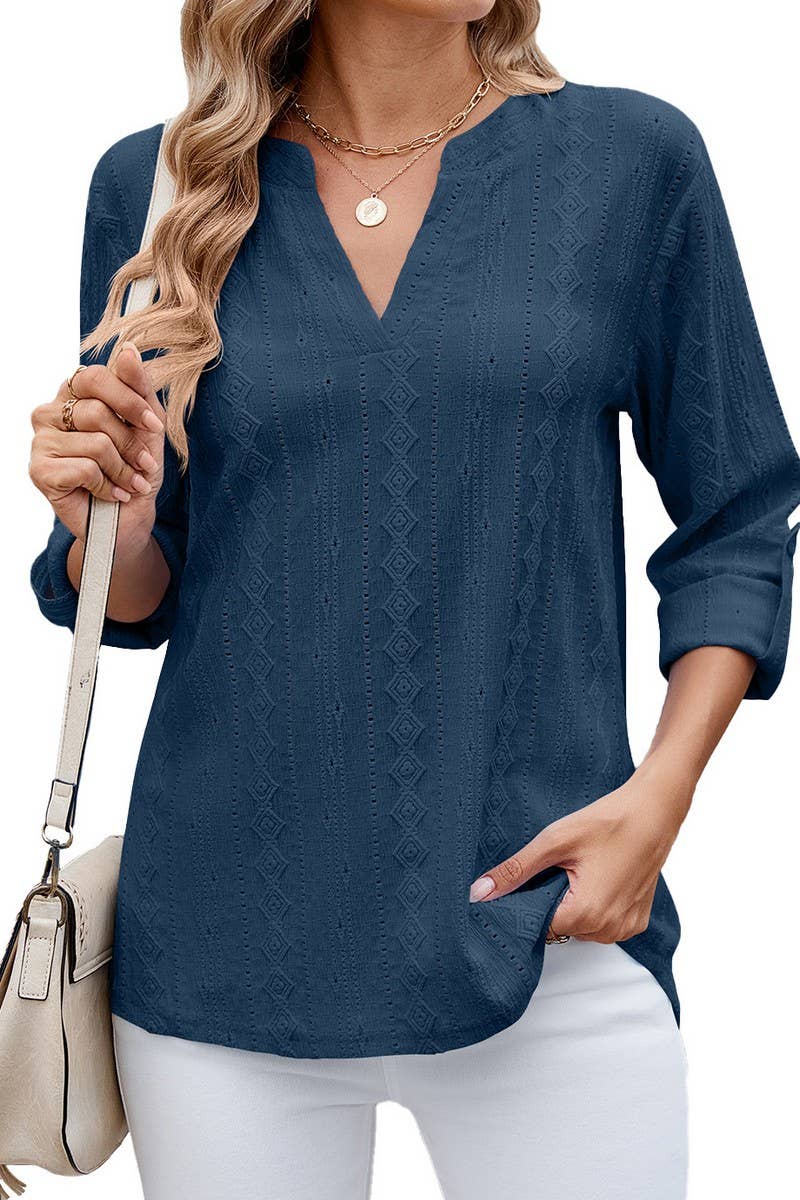 CWTTS1337_SUMMER V-NECK THREE-QUARTER SLEEVE BUTTON T-SHIRT