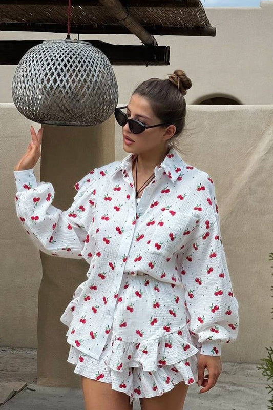 CWSTB1809_COTTON FLORAL RUFFLE SHIRT & SHORTS SET