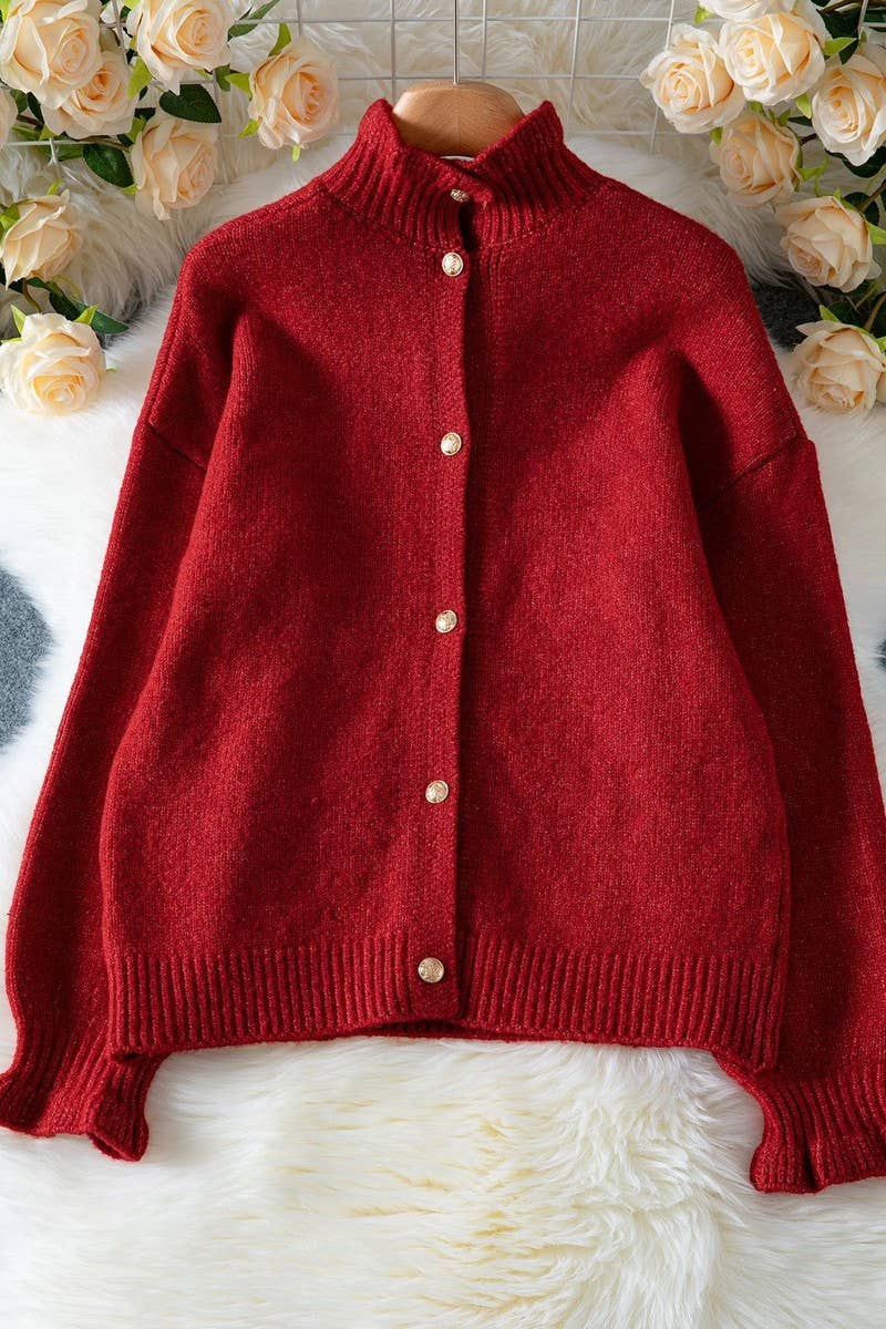 CWOSWL07058_HIGH-NECK RED LOOSE CARDIGAN KNITTED TOP