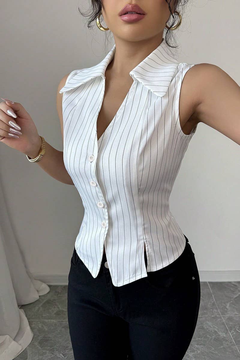CWTBLSL0953_SUMMER TEMPERAMENT STRIPED SLEEVELESS SLIM SHIRT