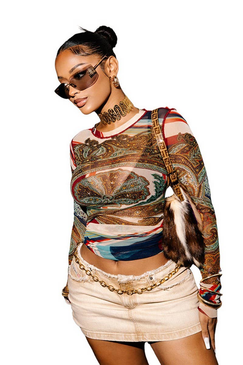 CWTTL2063_LONG-SLEEVED MESH ABSTRACT PRINT SLIM FIT T-SHIRT