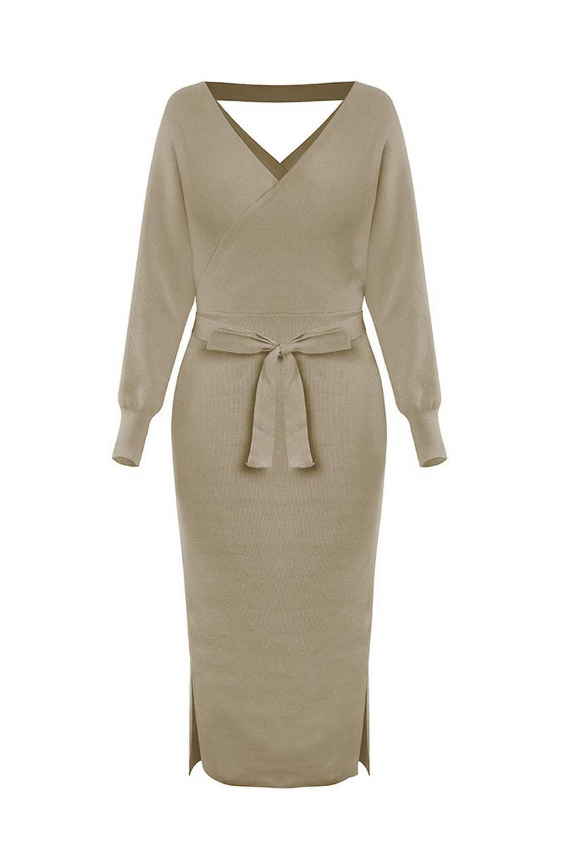 CWDMD4003_SOLID COLOR SLIM V-NECK LACE-UP KNITTED DRESS