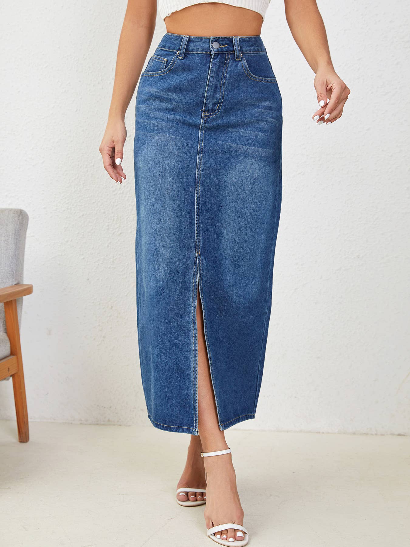 Casual retro straight slit long denim skirt