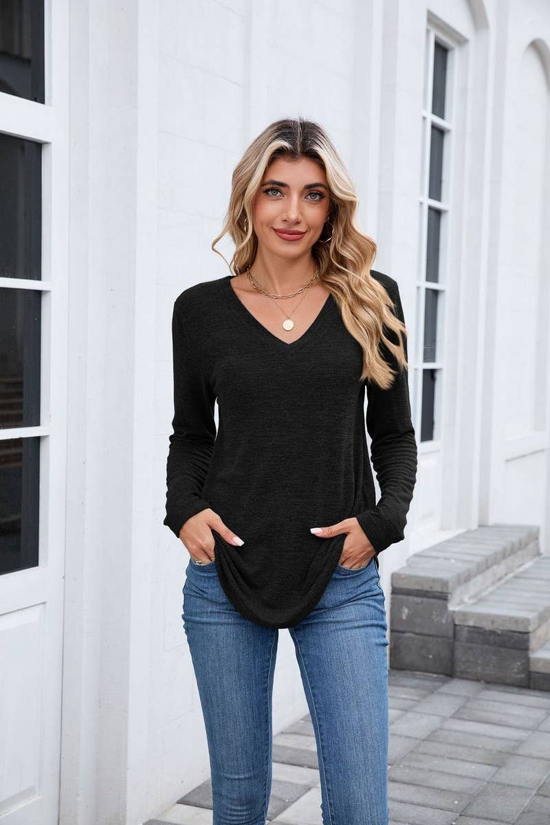 CWTBLL01302_V NECK LOOSE FIT LONG SLEEVE CASUAL TEE