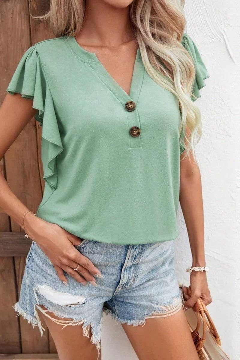 CWTBLS2310_SOLID V-NECK RUFFLE SLEEVE SHORT SLEEVE TOP