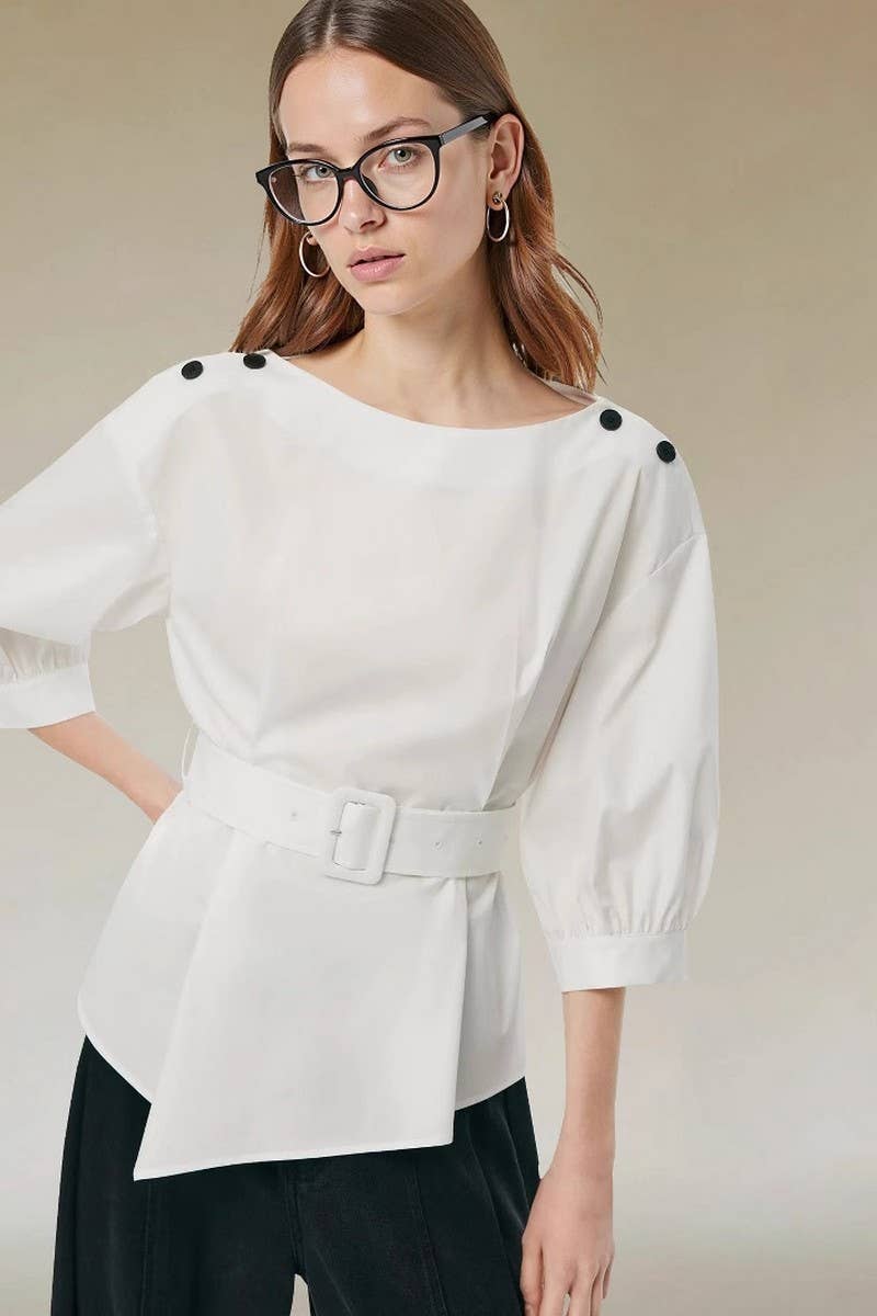CWTBLS2335_BELTED IRREGULAR HEM 3/4 SLEEVE SHIRT