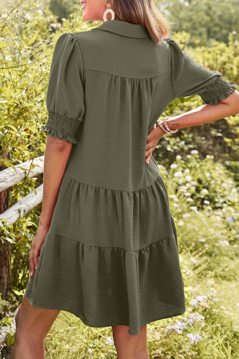 CWDSD7572_SUMMER PLEATED V-NECK SOLID COLOR SLEEVE DRESS