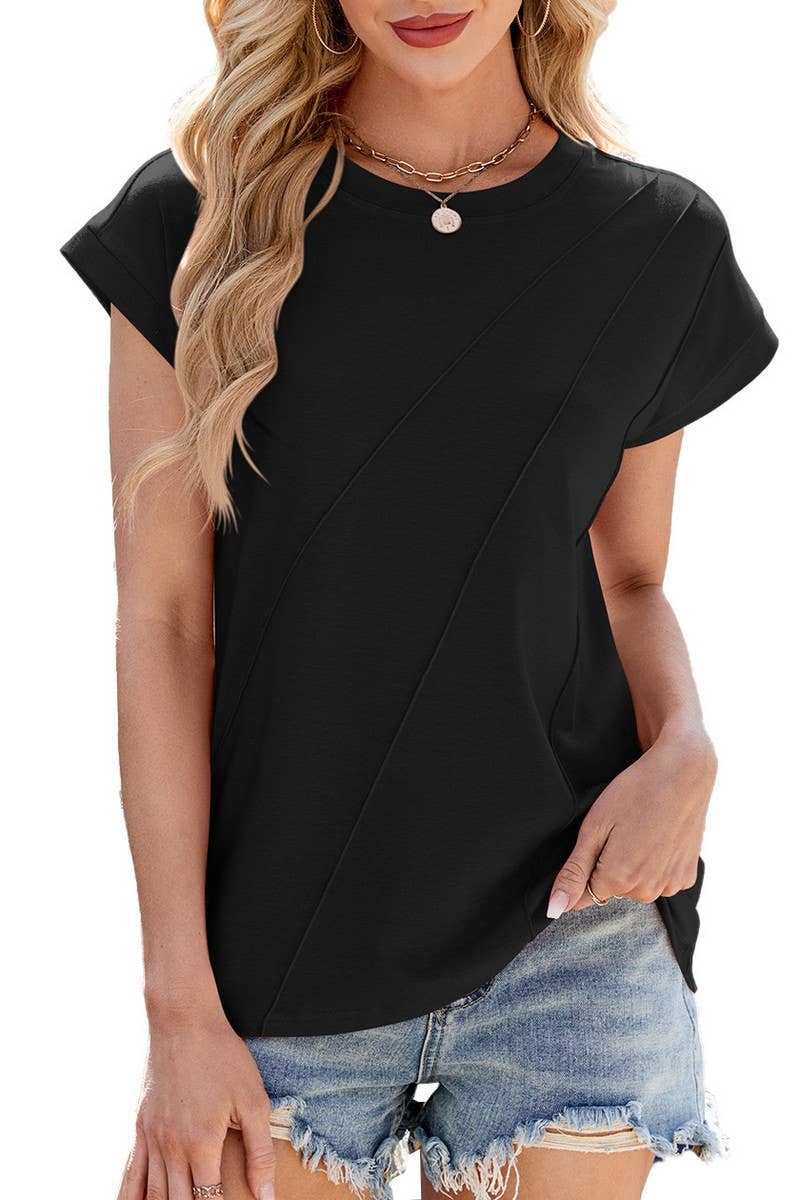 CWTBLS1731_SOLID COLOR ROUND NECK SHORT SLEEVE T-SHIRT TOP