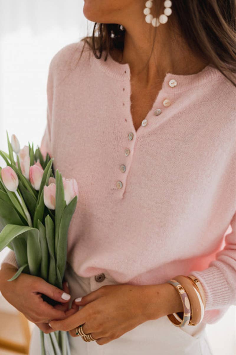 CWTTL1071  Loose V Neck Button Tops Pullover Sweater