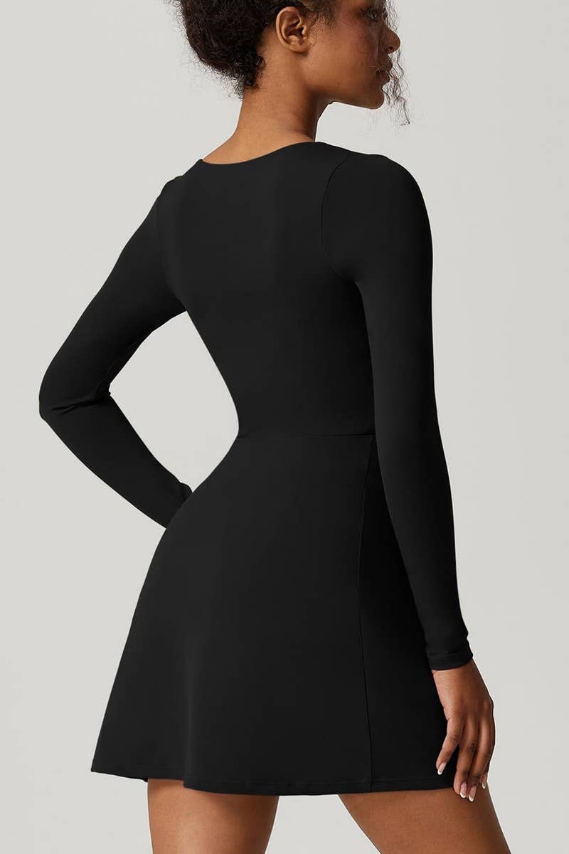 CWDSD8464_SQUARE NECK CORSET SLEEVE SLIT FLARE MINI DRESS