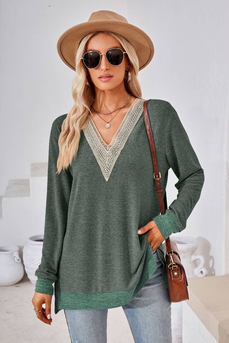 CWTBLL2691_FALL V-NECK LACE PATCHWORK LONG-SLEEVED TOP