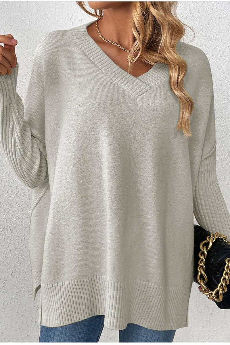 CWOCAL0805_V-NECK LOOSE STITCHING LONG-SLEEVED SWEATER