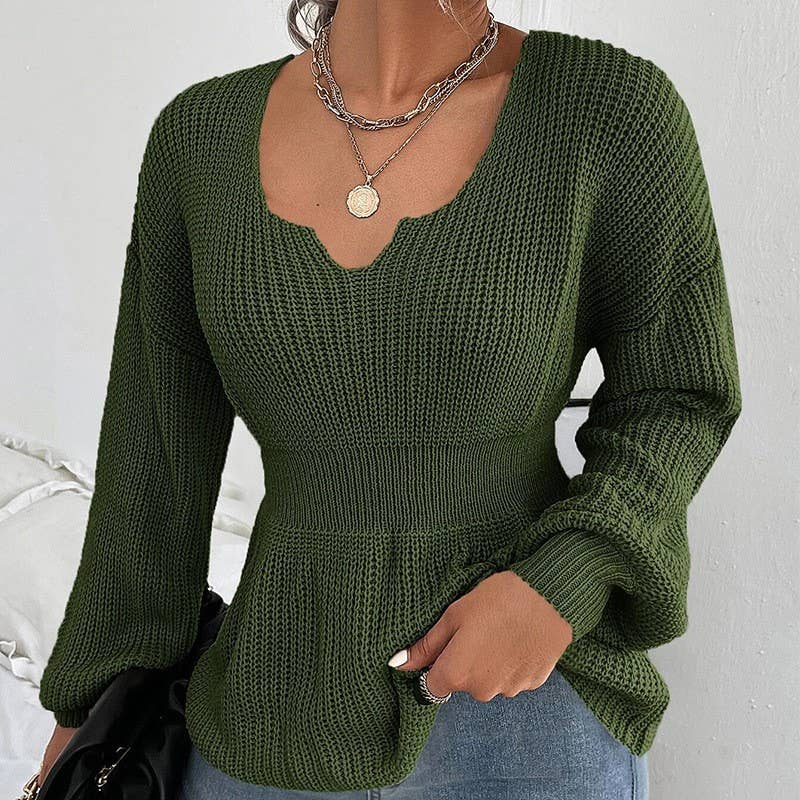 FASHION V-NECK LONG SLEEVE RUFFLED WAIST KNIT