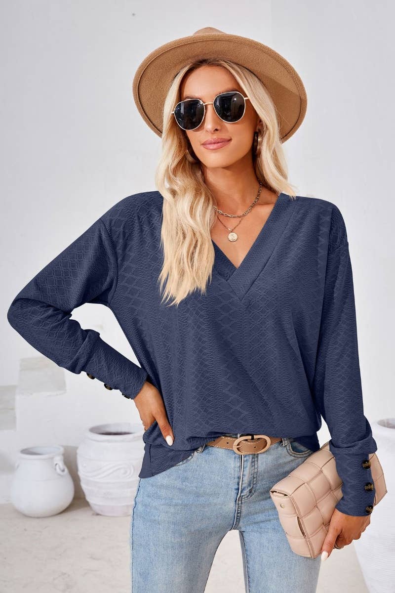 CWTBLL2806_SOLID COLOR V-NECK LONG SLEEVE BUTTON-UP TOP