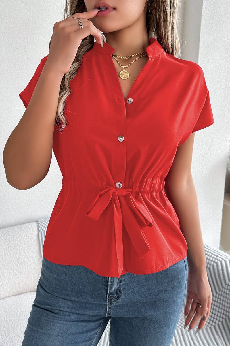 CWTBLS02501_2025 WOMEN V NECK SHORT SLEEVE CHIFFON BLOUSE
