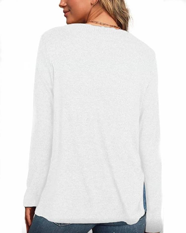 CWTTL1202_V-neck Long Sleeved With Side Slit Knit Top