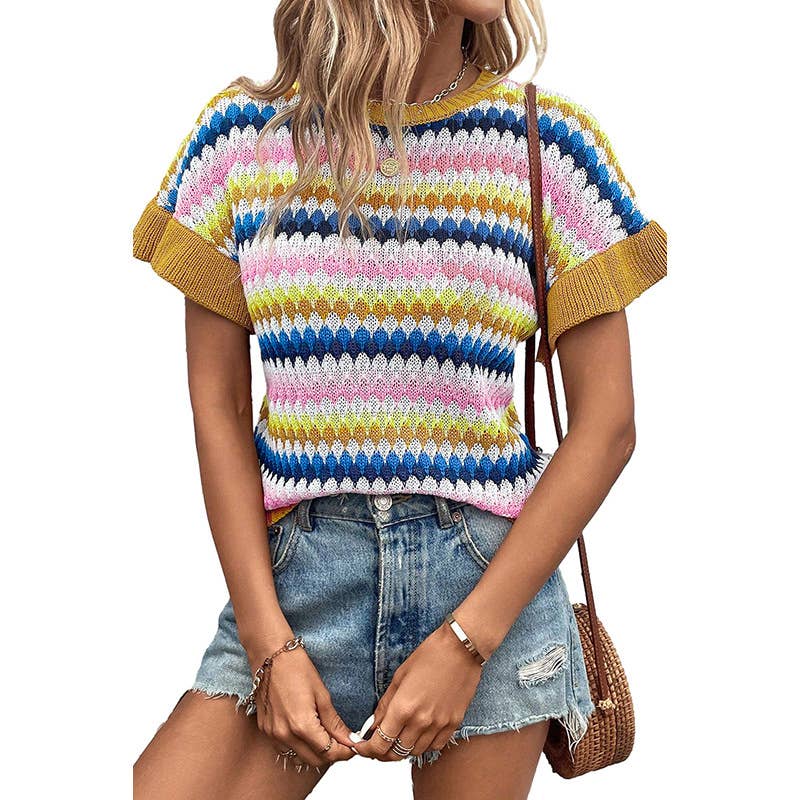 Color-matching knit short-sleeved sweater