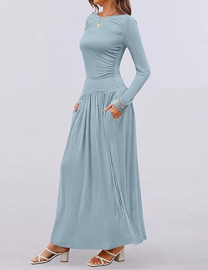 CREW NECK PLEATED POCKET SLIM LONG-SLEEVE DRESS